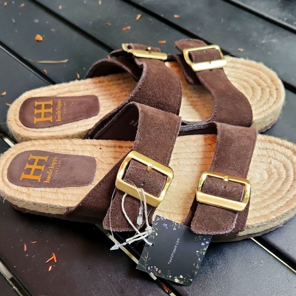 Haute Hippie Brown Suede Sandals with Gold Buckles espidrills Leather